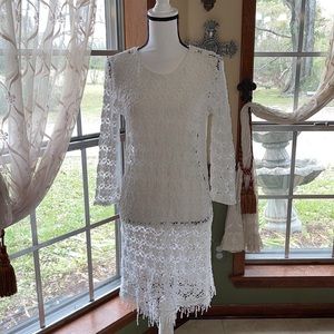 White Summer Crochet Flowers Long sleeves dress size M